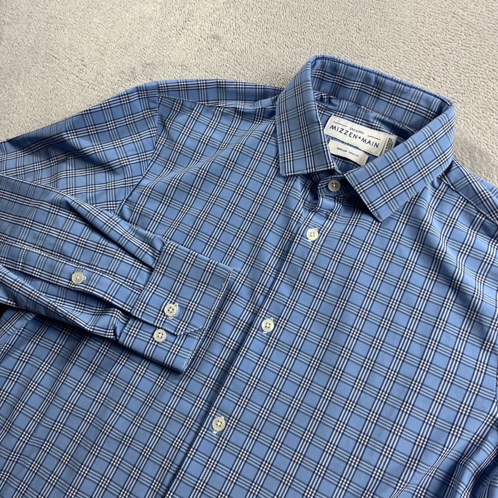Mizzen + Main‎ Leeward Dress Shirt Mens Medium Trim Fit Blue Plaid Long Sleeve